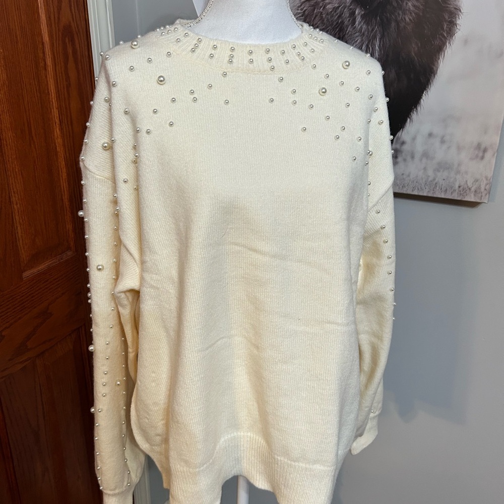 Chic Cream Sweater with Pearl Detailing